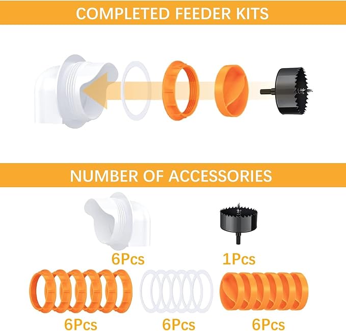 Chicken Feeder No Waste 12 Ports, Automatic 4 inch Poultry Feeder with 12 Covers & 1 Hole Saw, Rain Proof Gravity DIY Chicken Feeders Kits for Buckets, Barrels, Bins (Orange)