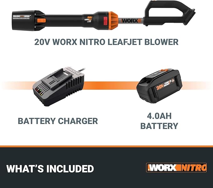 WORX Nitro WG543 20V Cordless Leaf Blower, Electric Blower with 410CFM & 130MPH, Blowers for Lawn Care with 3.8 Lbs, Battery & Charger Included