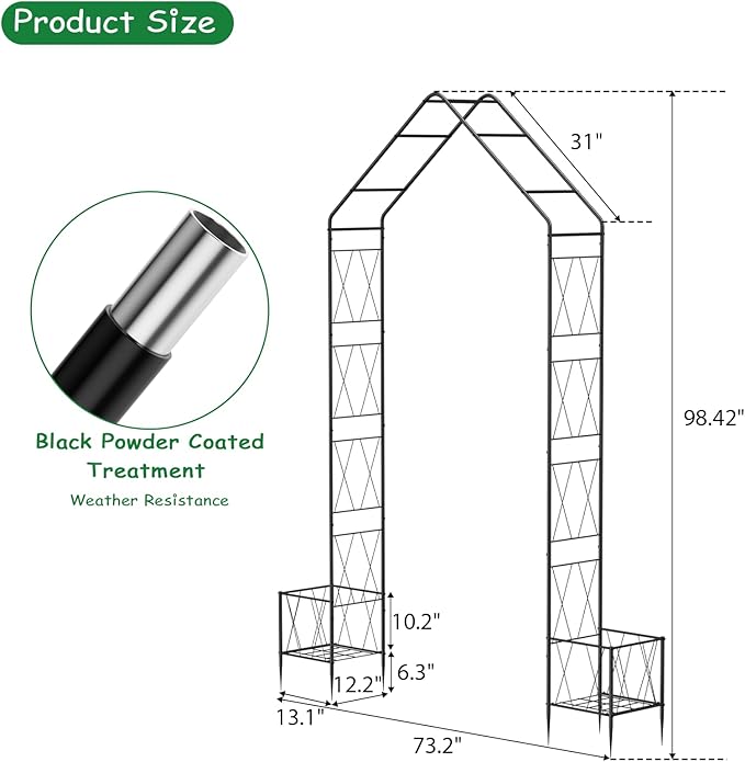 Vrisa Metal Garden Arch Trellis for Climbing Plants Outdoor 8.2 Ft Garden Arbor with Planter Boxes Wedding Arches for Ceremony Halloween Christmas Decoration Garden Archway for Party, Backyard, Lawn