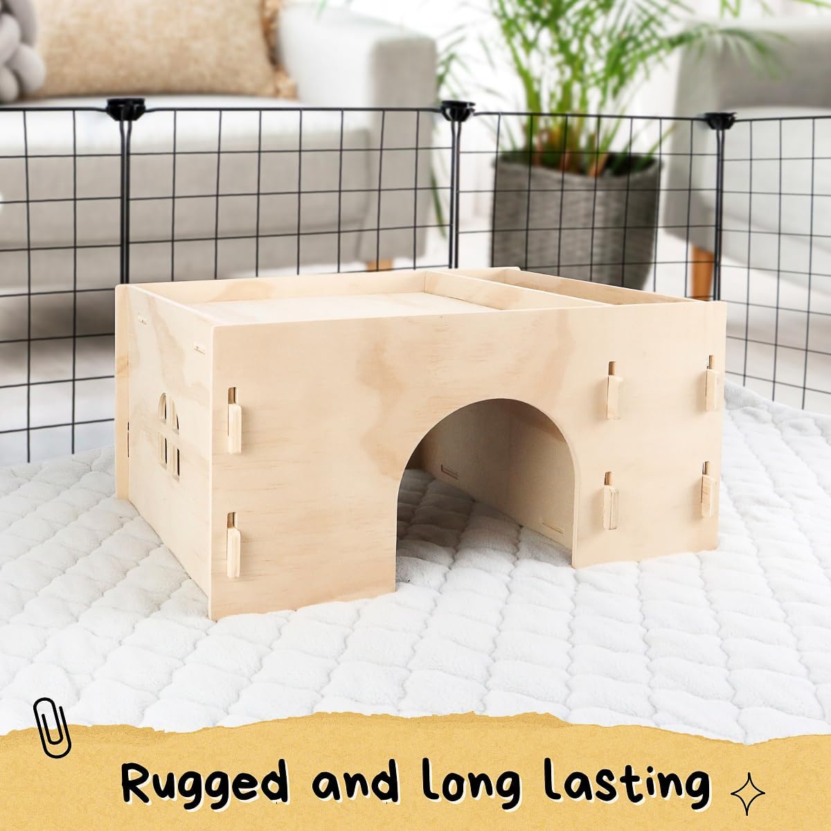 TiereCare Guinea Pig Hideout with Hay Feeder & Absorbent Mat, Wooden Chinchilla House with Multiple Window, Small Animal Hut Castle for Dwarf Rabbit