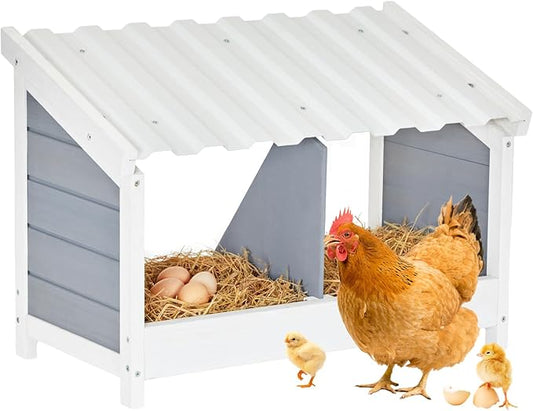 PETSFIT 2 Holes Chicken Nesting Box-All Weather PVC Roof, Natural Wood Design with Privacy Back Panel for Hens-Wall Mounted or Floor Use in Coops, Farms, Backyards,Easy to Assemble and Clean