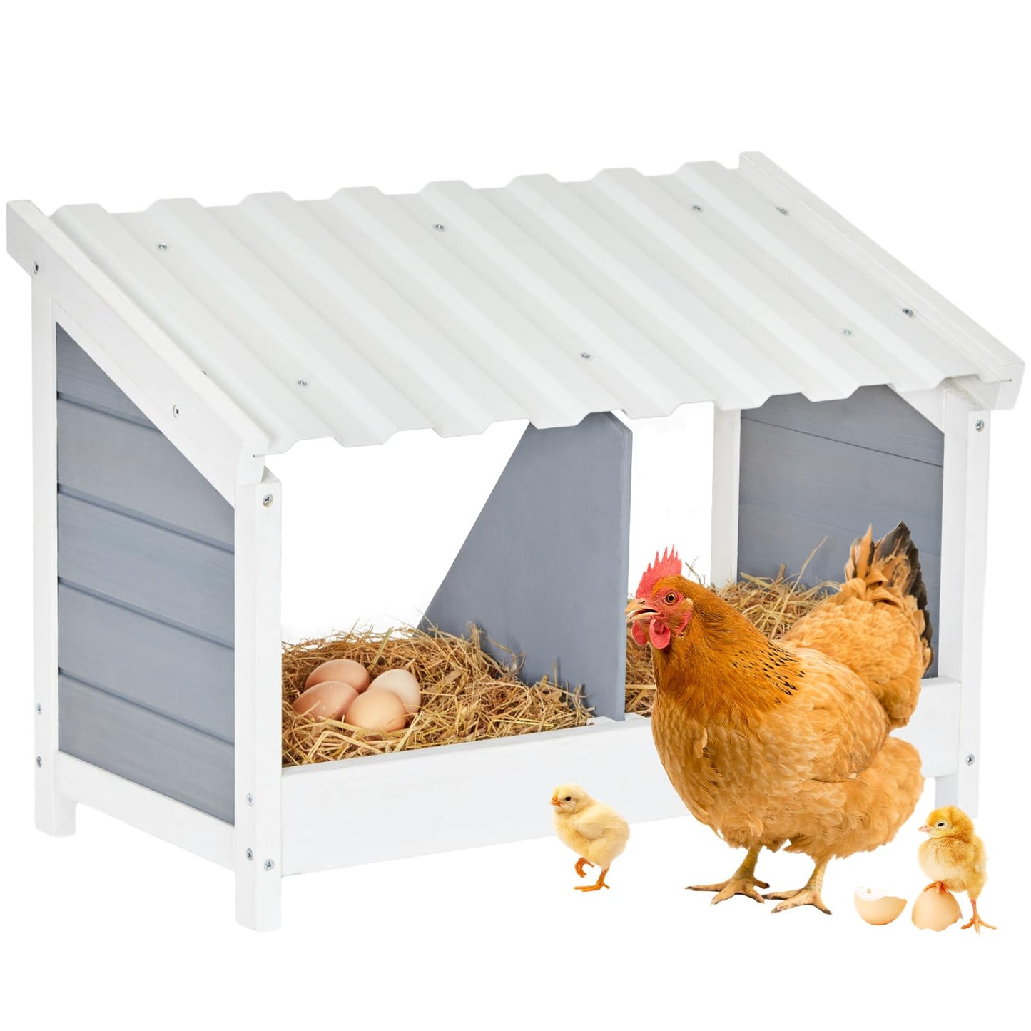 PETSFIT 2 Holes Chicken Nesting Box-All Weather PVC Roof, Natural Wood Design with Privacy Back Panel for Hens-Wall Mounted or Floor Use in Coops, Farms, Backyards,Easy to Assemble and Clean