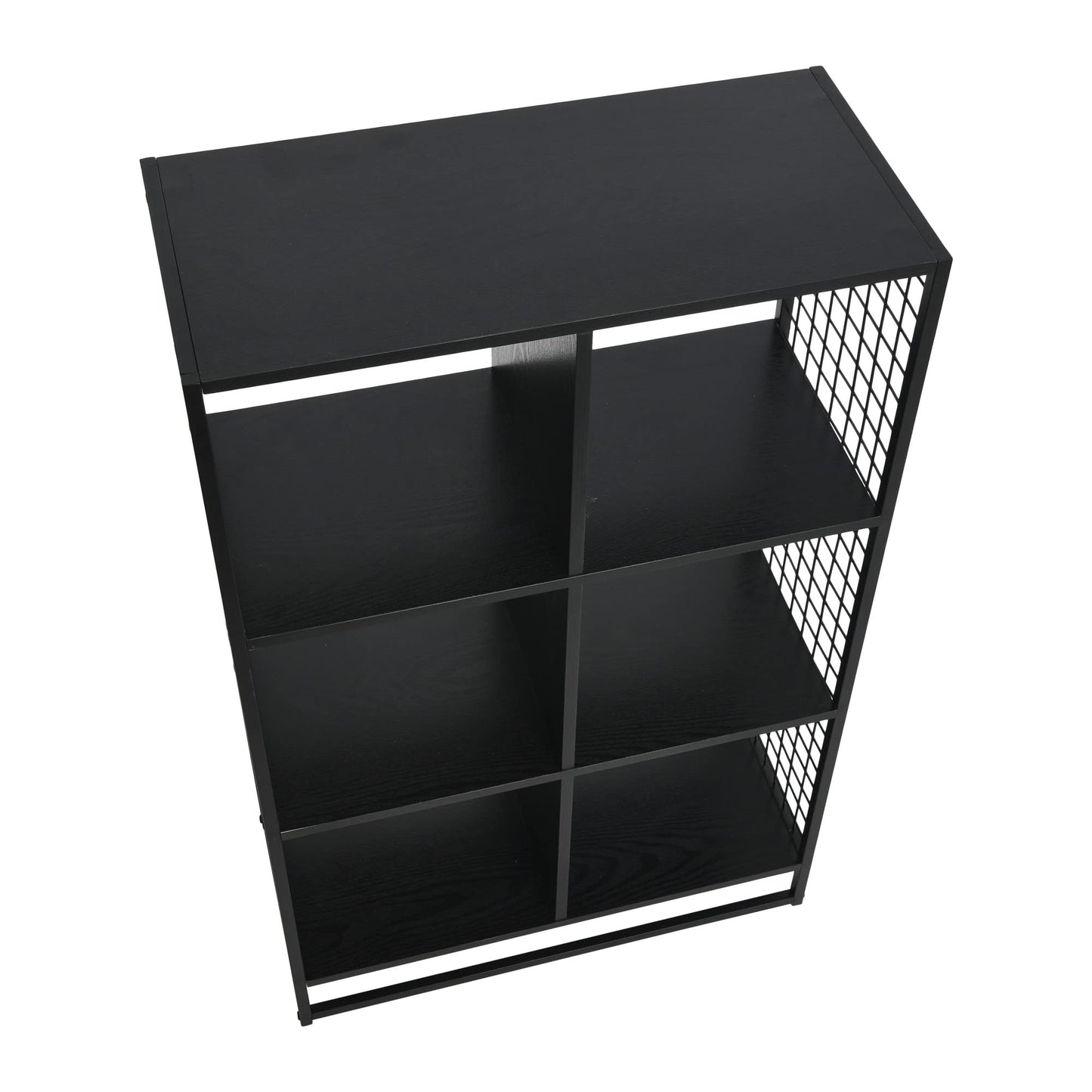 Household Essentials Trellis Open Storage Bookshelf with 6 Cube Compartments Black Oak Wood Grain and Black Metal