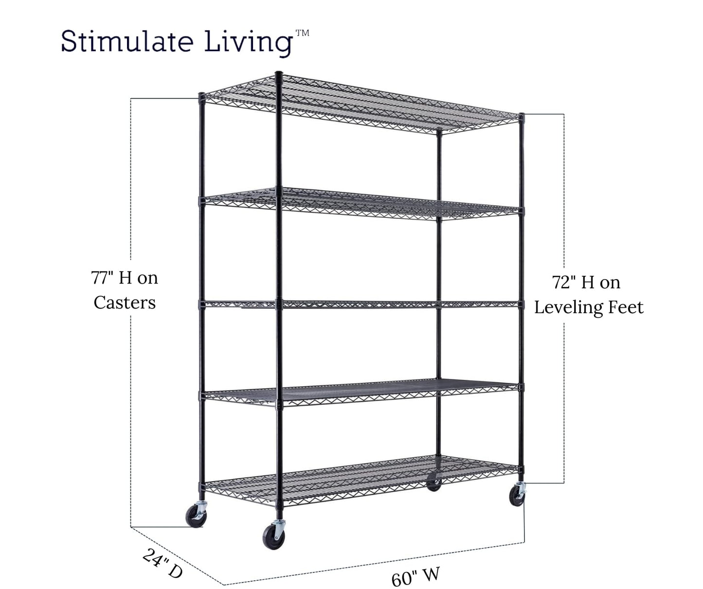 60"x24"x72" PRIME HEAVY DUTY Black 5-Tier Wire Shelving NSF 3000 LBS MAX Capacity Storage Rack for Commercial, School, Home, Garage, Warehouse, Industrial, and Hospital Uses (with Wheels)