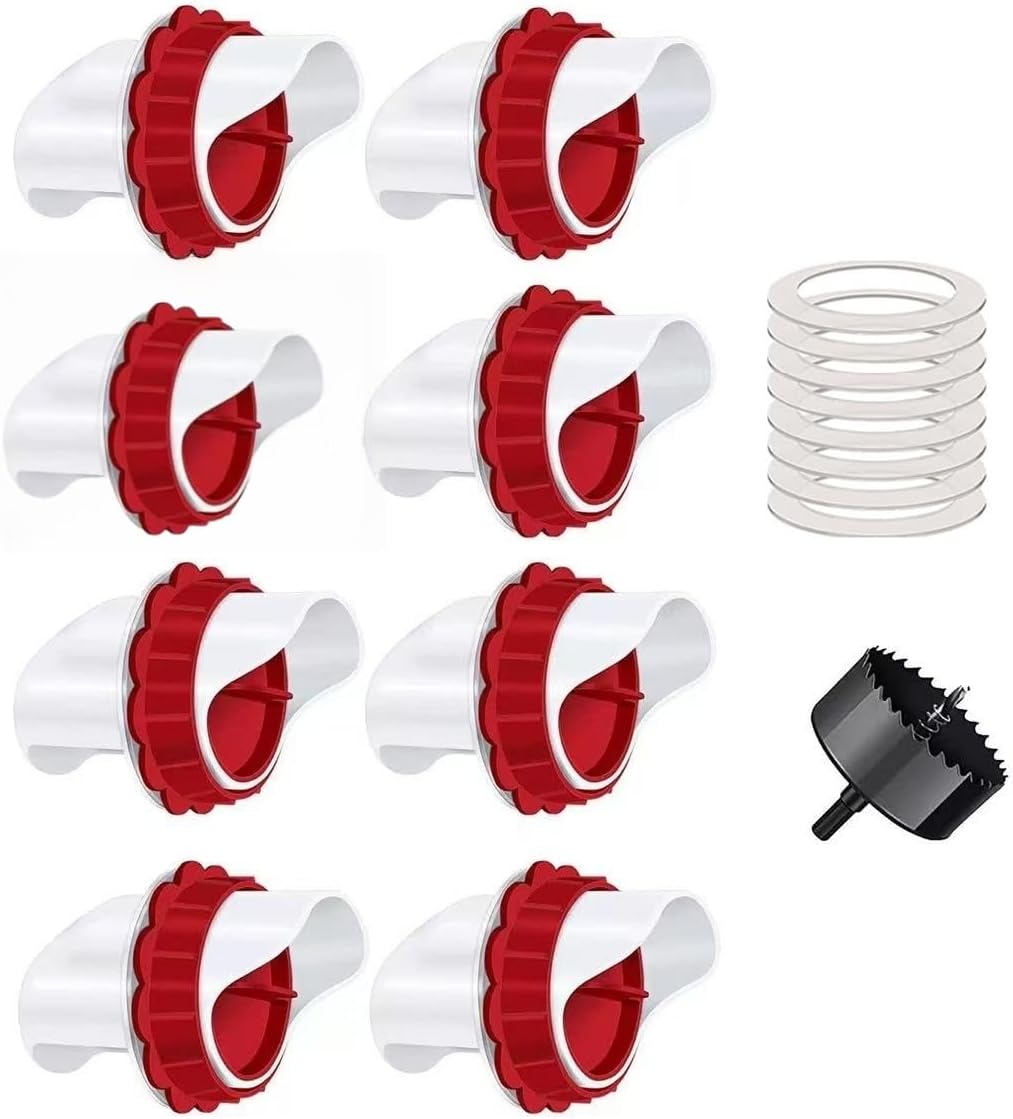 Chicken Feeders No Waste, DIY Automatic Poultry Feeder 8 Ports 1 Hole Saw with Covers Gravity Feed Kit for Buckets Barrels Bins Troughs (Red, 8)