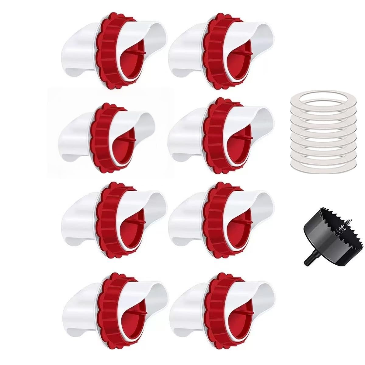 Chicken Feeders No Waste, DIY Automatic Poultry Feeder 8 Ports 1 Hole Saw with Covers Gravity Feed Kit for Buckets Barrels Bins Troughs (Red, 8)