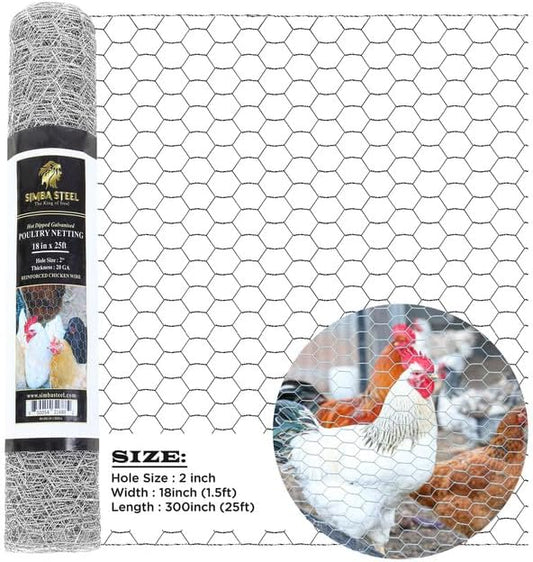 Chicken Wire 18 in x 25 FT x 2” Mesh x 20GA | Poultry Wire Netting | Hot Dipped Galvanised | Hexagonal Galvanized Mesh for Chicken Coop, Rabbit Cage, Fence Barrier PM18x25x2