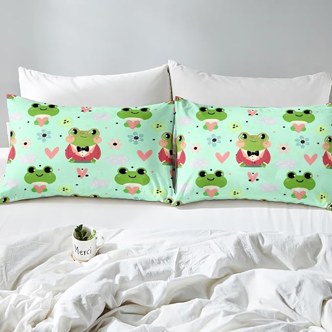 Cartoon Frog Bed Sheets Tropical Amphibian Sheet Set for Kids Boys Girls Toddler Dorm Decor,Cute Flower Love Heart Fitted Sheet + Top Sheet + 2 Pillowcases,Tropical Botanical Animal Bedding Set,Queen