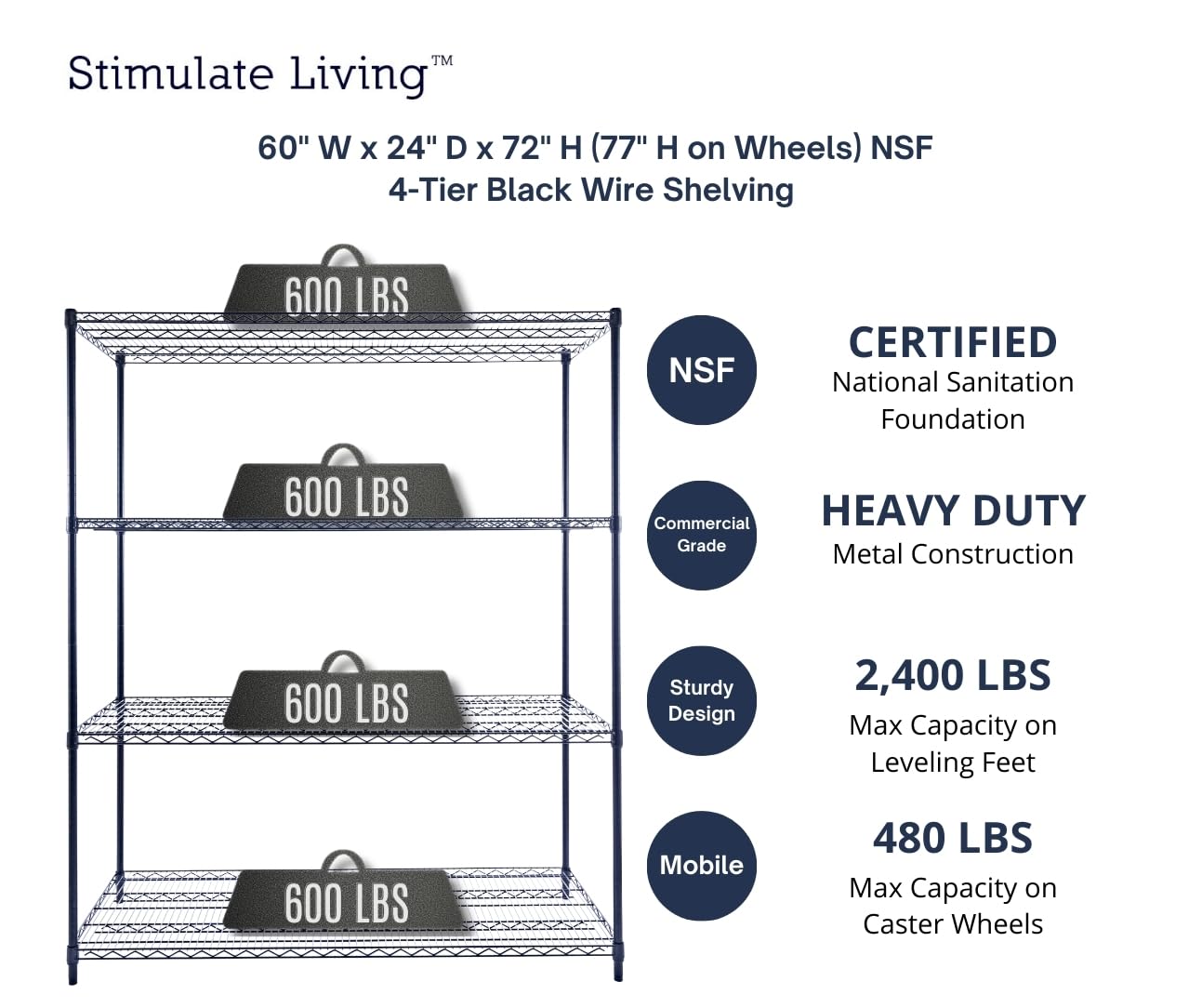 60"x24"x72" PRIME HEAVY DUTY Black 4-Tier Wire Shelving NSF 2400 LBS MAX Capacity Storage Rack for Commercial, School, Home, Garage, Warehouse, Industrial, and Hospital Uses (with Wheels)