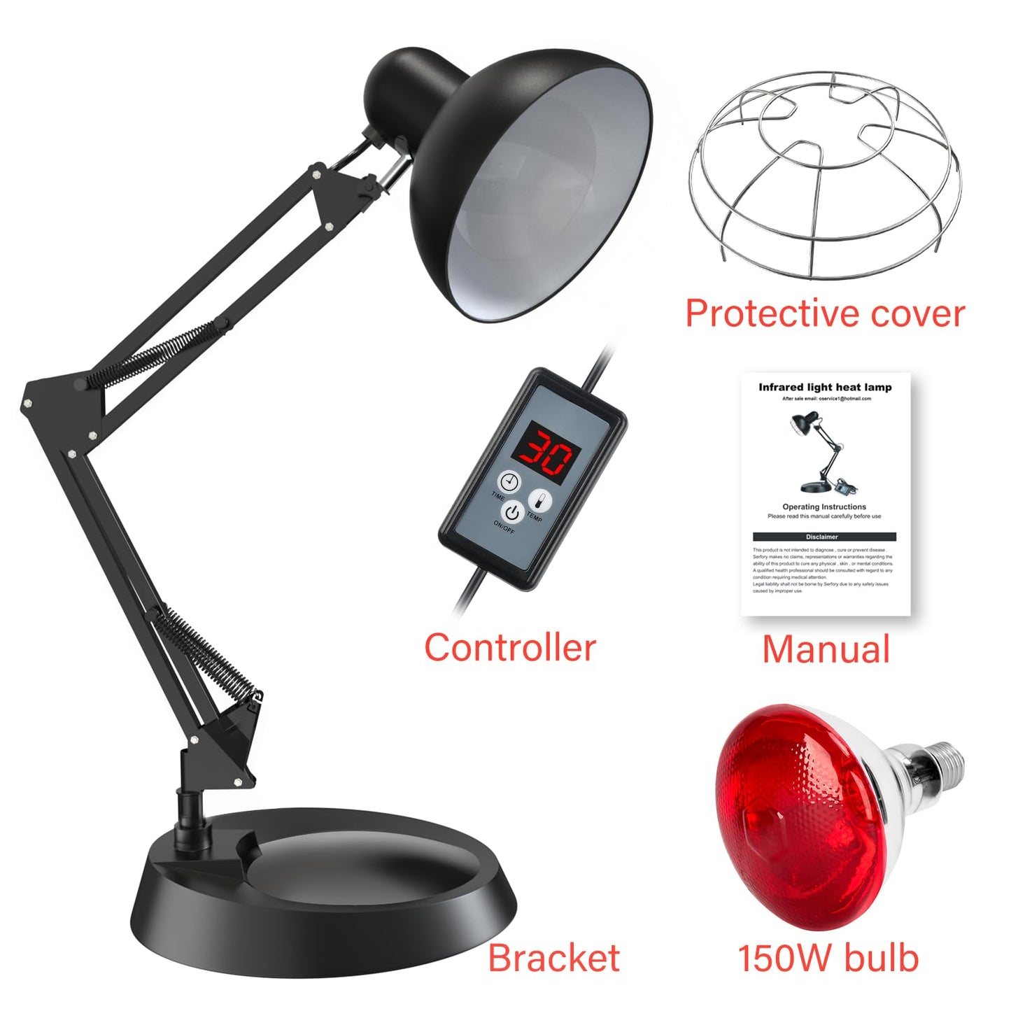 Infrared Light Heat Lamp, Near Red Light Therapy for Body Muscle Joint Pain Relieve 150W Bulb with Adjustable Stand, Timer