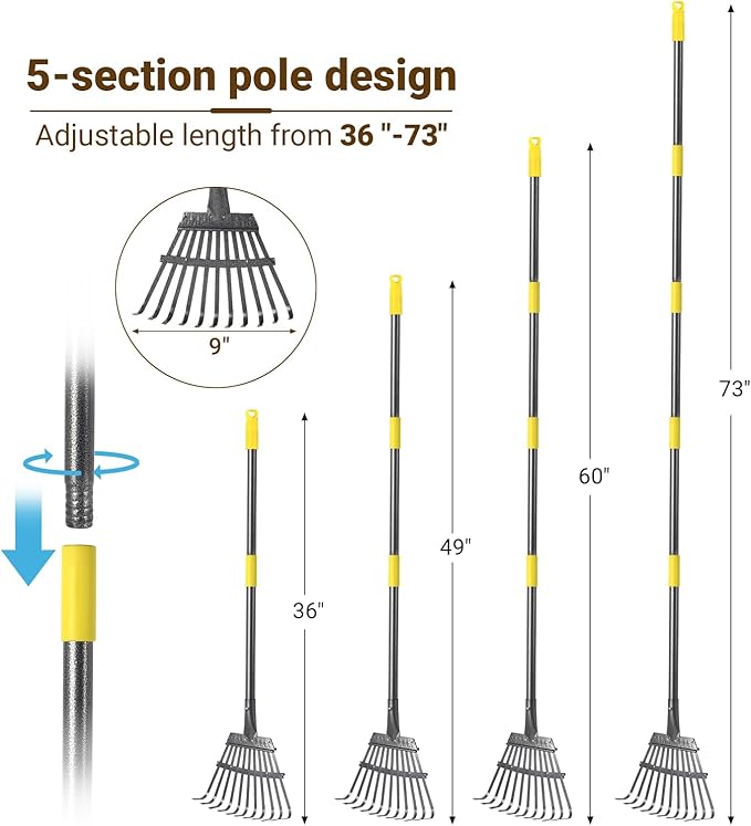 2pcs adjustable heavy 10 inch wide shovel area of chicken scooper for poop（36.6-61.8"long）and 11 tooth chicken coop rake（36.7-73"long）. Suit for cleaning chicken coops, racecourses, and sheep pens