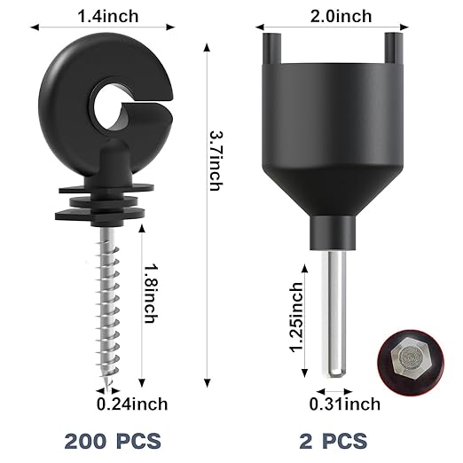 200 Pcs Black Electric Fence Insulator Screw-in Insulator Fence Ring Post Wood Post Insulator and 2 Pc Free Insulator Socket Tool (Grid System Accessories for Animal Husbandry Electronic)