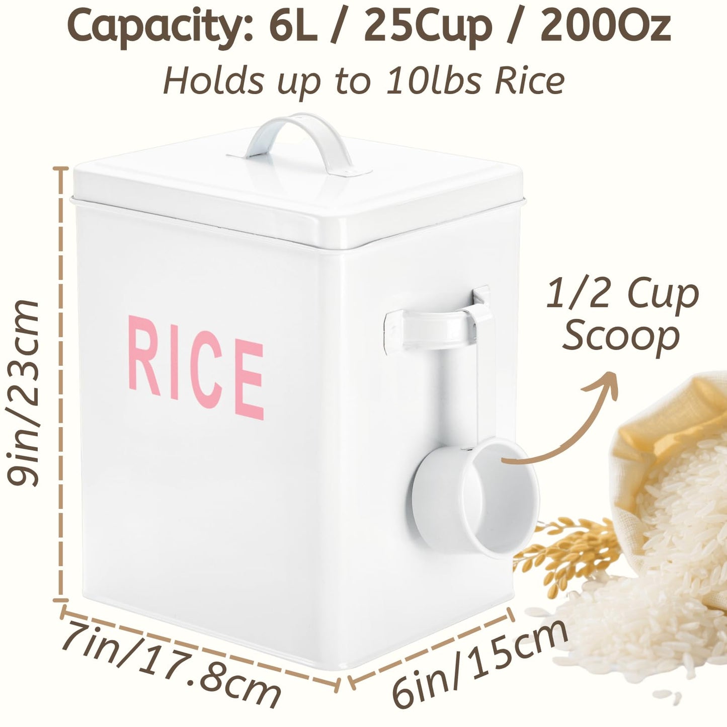 Youeon 10 Lbs Metal Rice Storage Container, Square Rice Canister with Lid and Measuring Scoop, Countertop Sealed Food Storage Container for Cereal, Beans, Pet Food, White