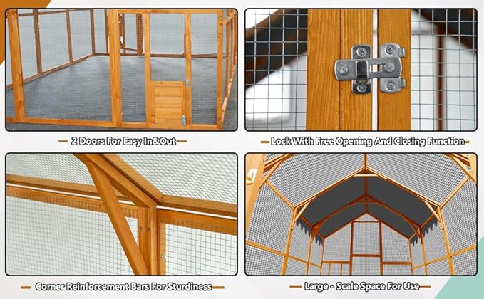 109.6'' Large Wood Chicken Coop Enclosures,Walk-in Poultry Cage, Chicken Run Pen Duck House with Waterproof and Anti-Ultraviolet Cover for Outdoor Farm Use Spire Roof, Yellow