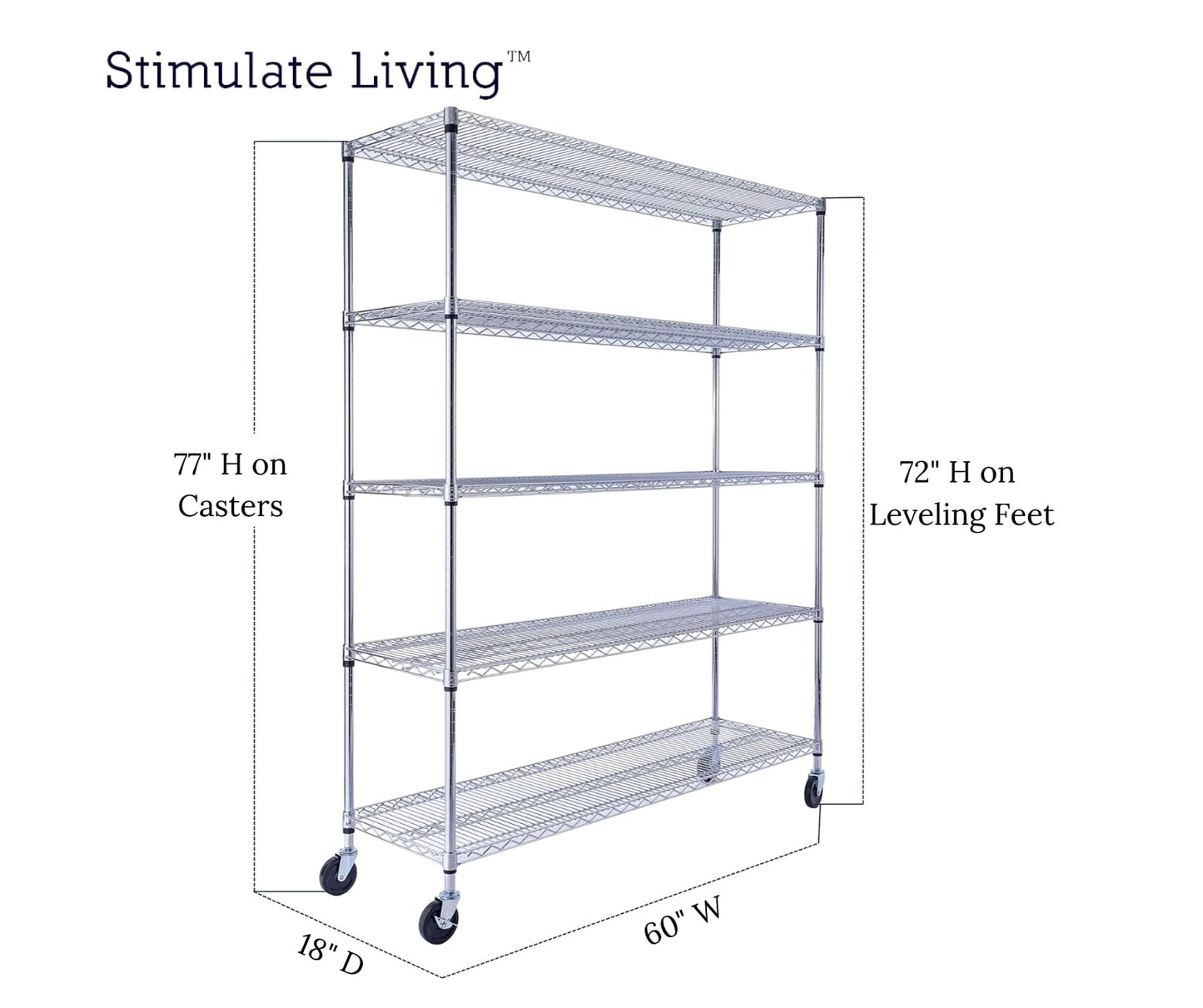 60"x18"x72" PRIME HEAVY DUTY Chrome 5-Tier Wire Shelving 4000 LBS MAX Capacity Storage Rack for Commercial, School, Home, Garage, Warehouse, Industrial, and Hospital Uses (with Wheels)