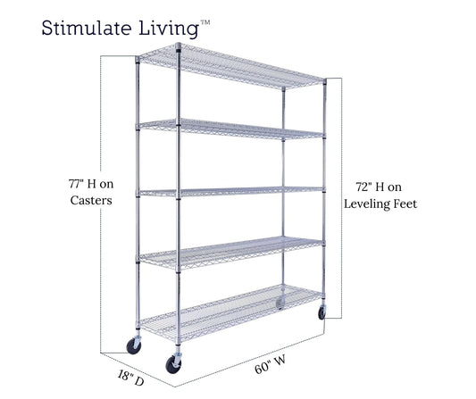 60"x18"x72" PRIME HEAVY DUTY Chrome 5-Tier Wire Shelving 4000 LBS MAX Capacity Storage Rack for Commercial, School, Home, Garage, Warehouse, Industrial, and Hospital Uses (with Wheels)