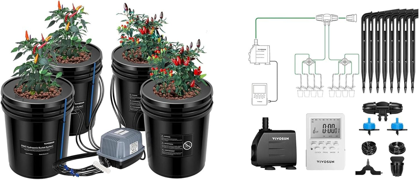 VIVOSUN DWC Hydroponics Grow System with Top Drip Kit and Professional Automatic Drip Irrigation Kits, 15W Output, All in One Professional Grow Kit- Includes Pump, Timer and Regulator, 8 Pots Garden P