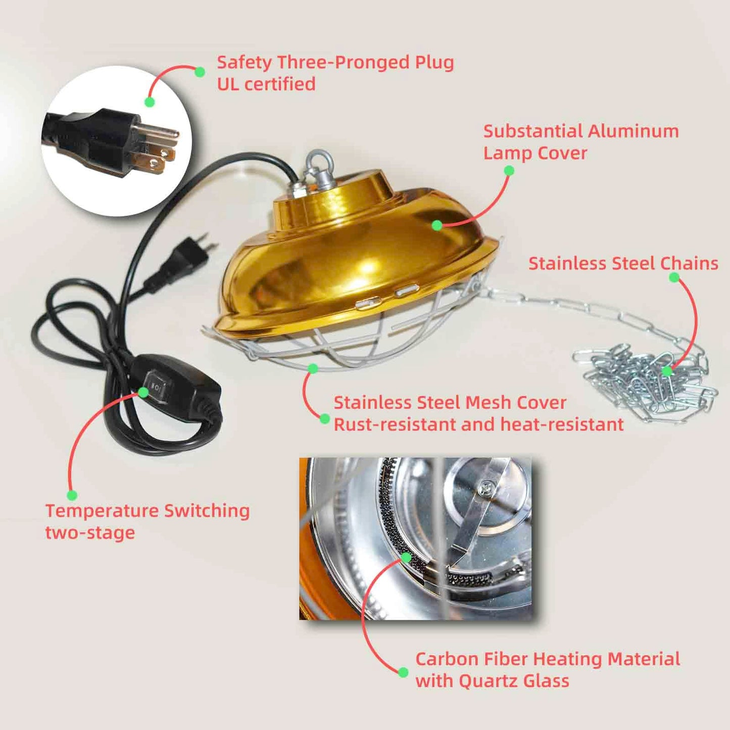 Chicken Coop Heater Inside Coop heat lamp，300 Watt Two-Stage Temperature Brooder Heater for Chicks, Duck，Poultry