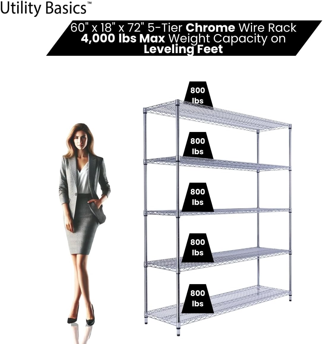 Utility Basics 60"x18"x72" Chrome 5-Tier PREMIUM Wire Shelving NSF 4000 LBS MAX CAPACITY Heavy Duty Steel Storage Rack for Warehouses, Garages, Hospitals, Commercial Spaces, & Schools w/PREMIUM WHEELS
