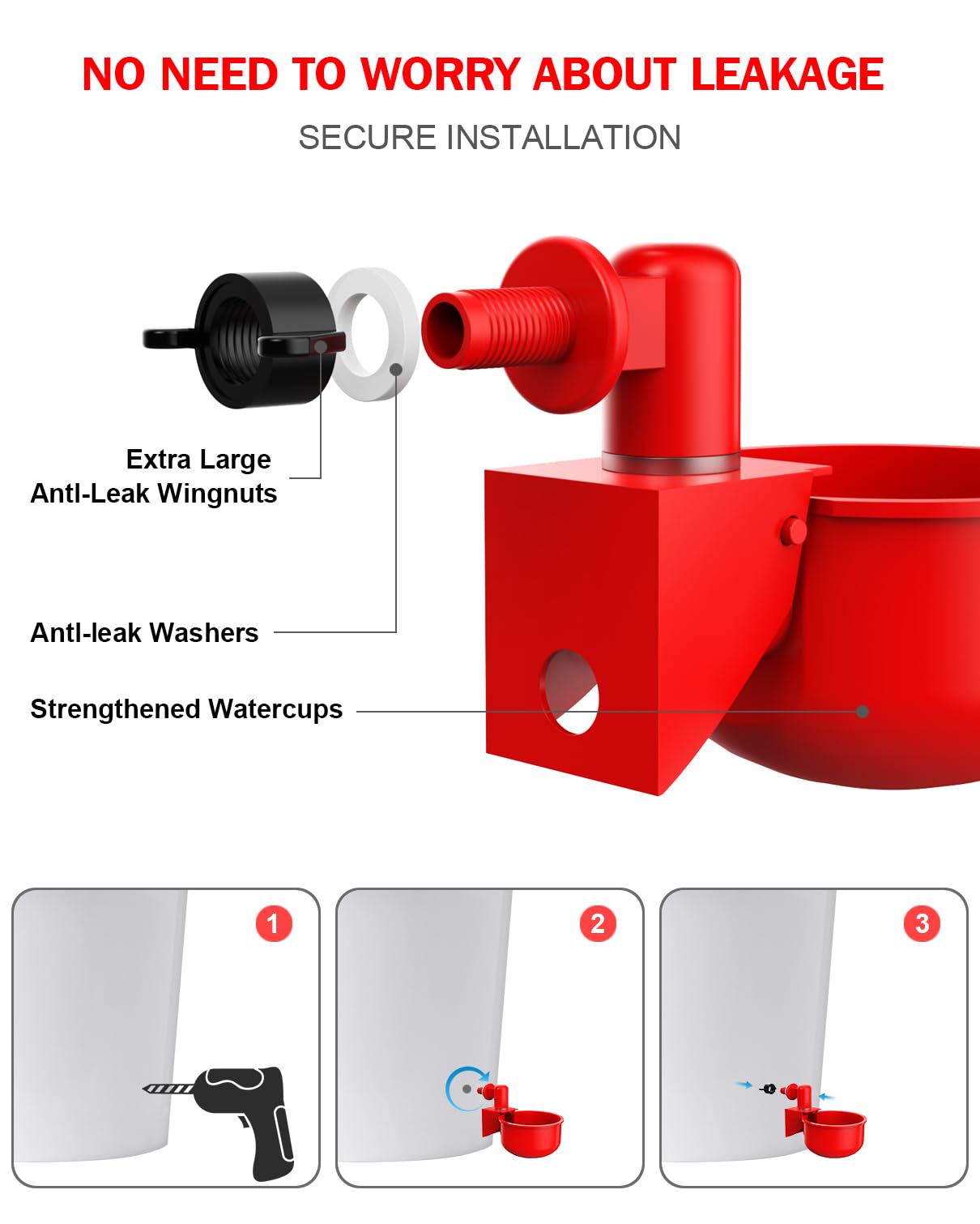Professional Chicken Waterer Cups, 30 Packs Large Automatic Poultry Water Feeder with Tee Fittings - Leakproof Design for Ducks, Chickens, Geese, Turkeys, Birds - Includes Mounting Hole Opener Tool