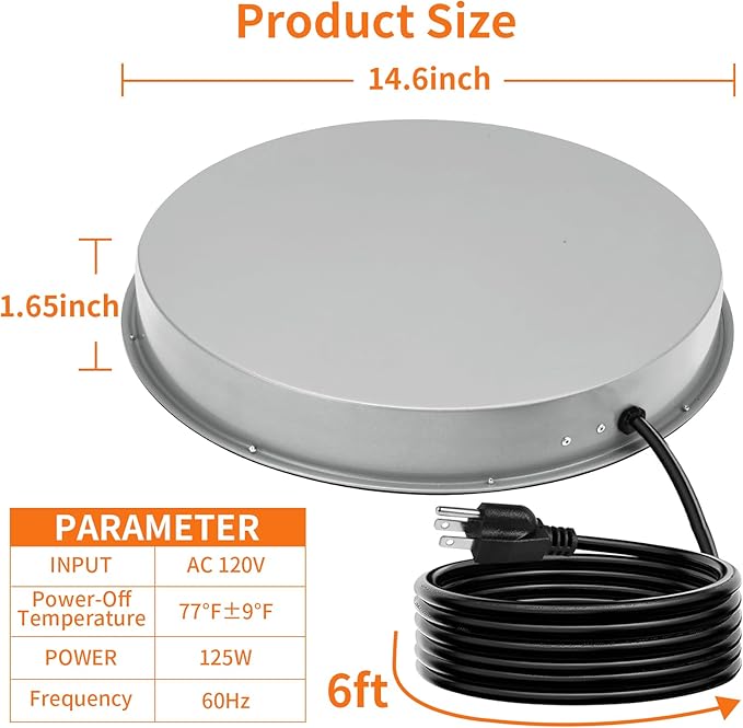 Chicken Water Heater for Winter: 14.6 Inch Chicken Water Heater Base, 77℉ Automatic Shut-Off, Safe for Outdoor Use, 125W Heated Chicken Waterer, Poultry Water Deicer with 6 Feet Cord