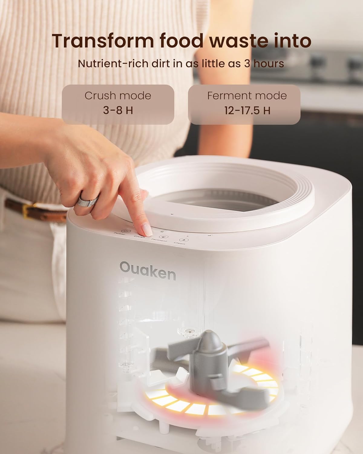 Ouaken Electric Composter for Kitchen, 4L Smart Countertop Compost Bin, Odorless | Low Noise | Auto-Cleaning | Turn Food Waste into Fertilizer Within 3 Hrs