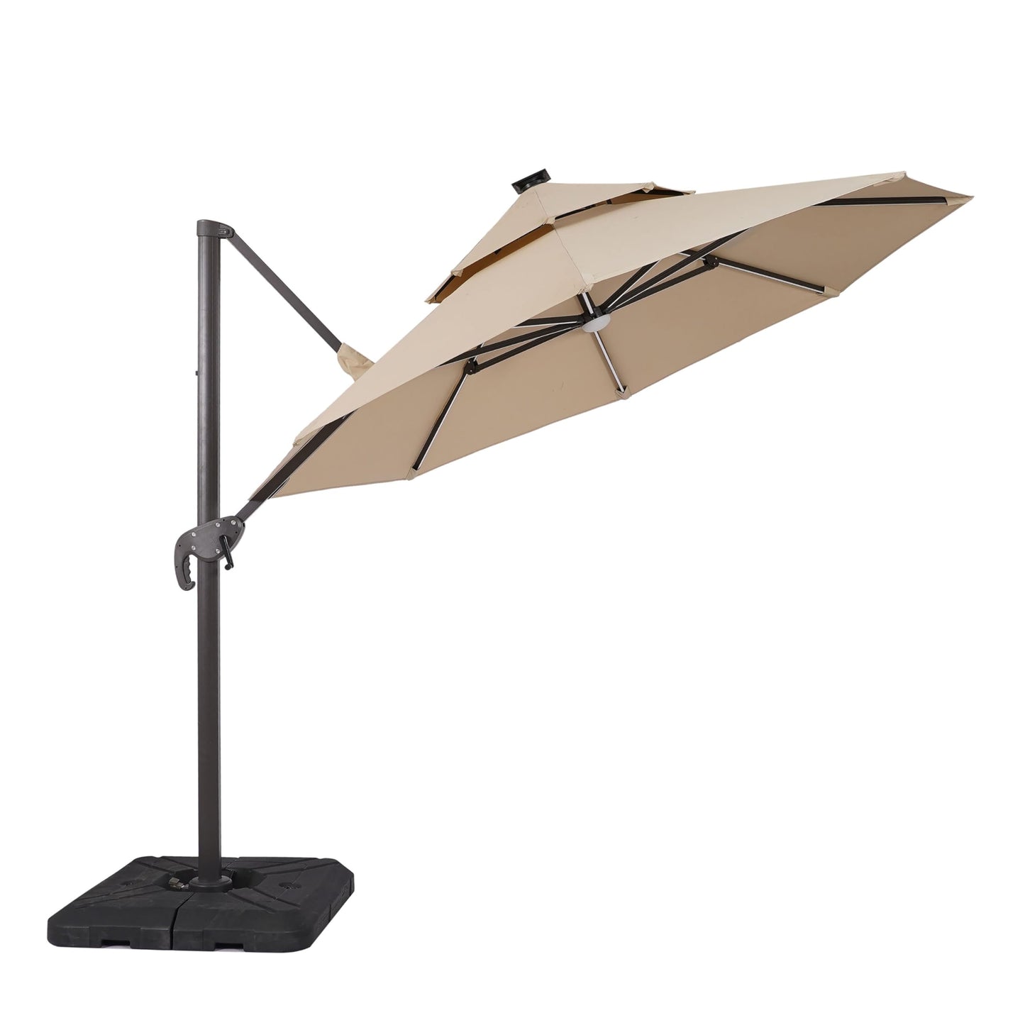Greemotion Pire 8-foot Cantilever UV-resistant Shade Rotation Tilt Umbrella with Heavy Base and Built-in Solar Panel LED Light for Outdoor, Porch, Pool, Deck, Beige