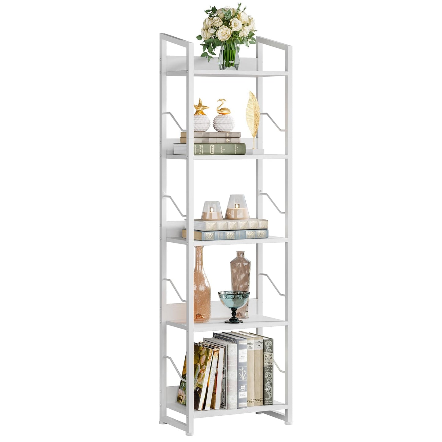 Hosfais Book Shelf Small Bookshelf: 5 Tier Wood Bookcase Industrial Bookshelf with Edge Protection Metal Narrow Bookcase Storage Organizer Display Rack for Bedroom Home Office, White