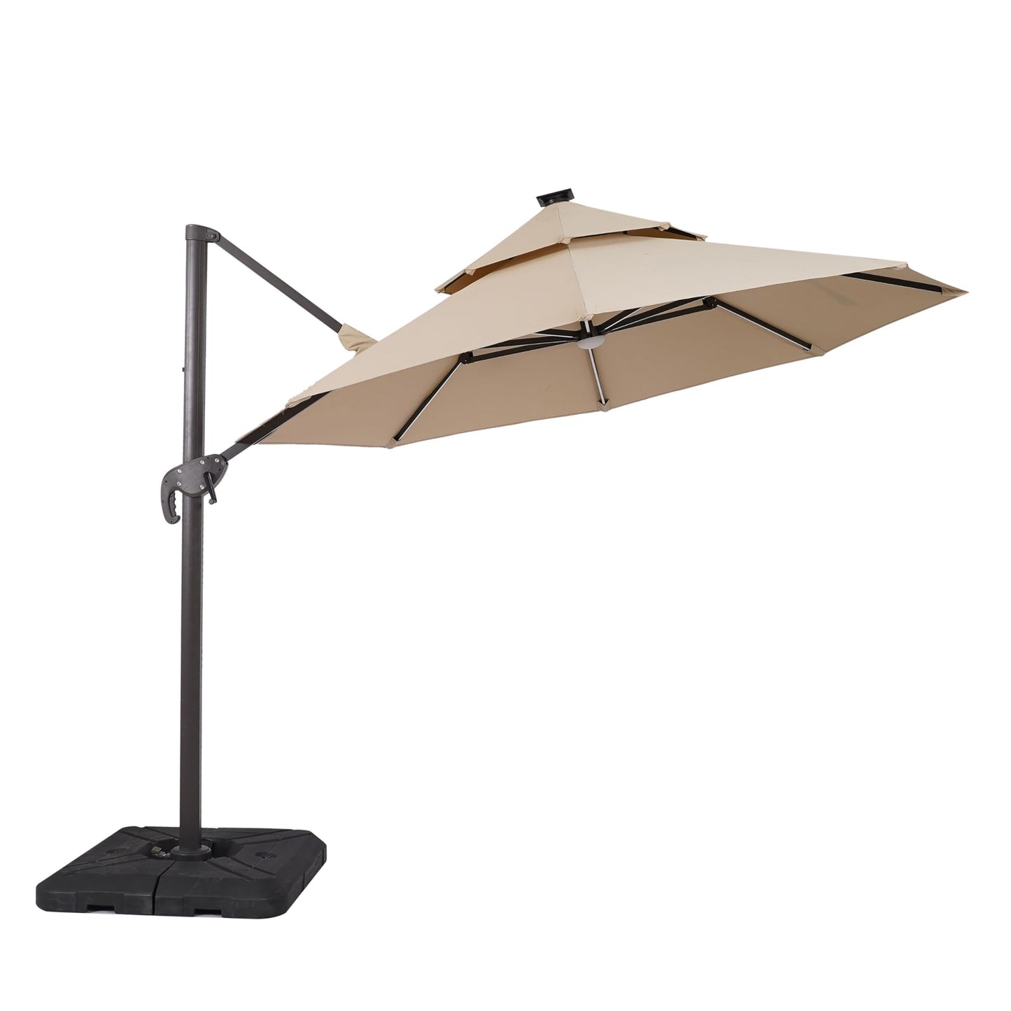 Greemotion Pire 8-foot Cantilever UV-resistant Shade Rotation Tilt Umbrella with Heavy Base and Built-in Solar Panel LED Light for Outdoor, Porch, Pool, Deck, Beige