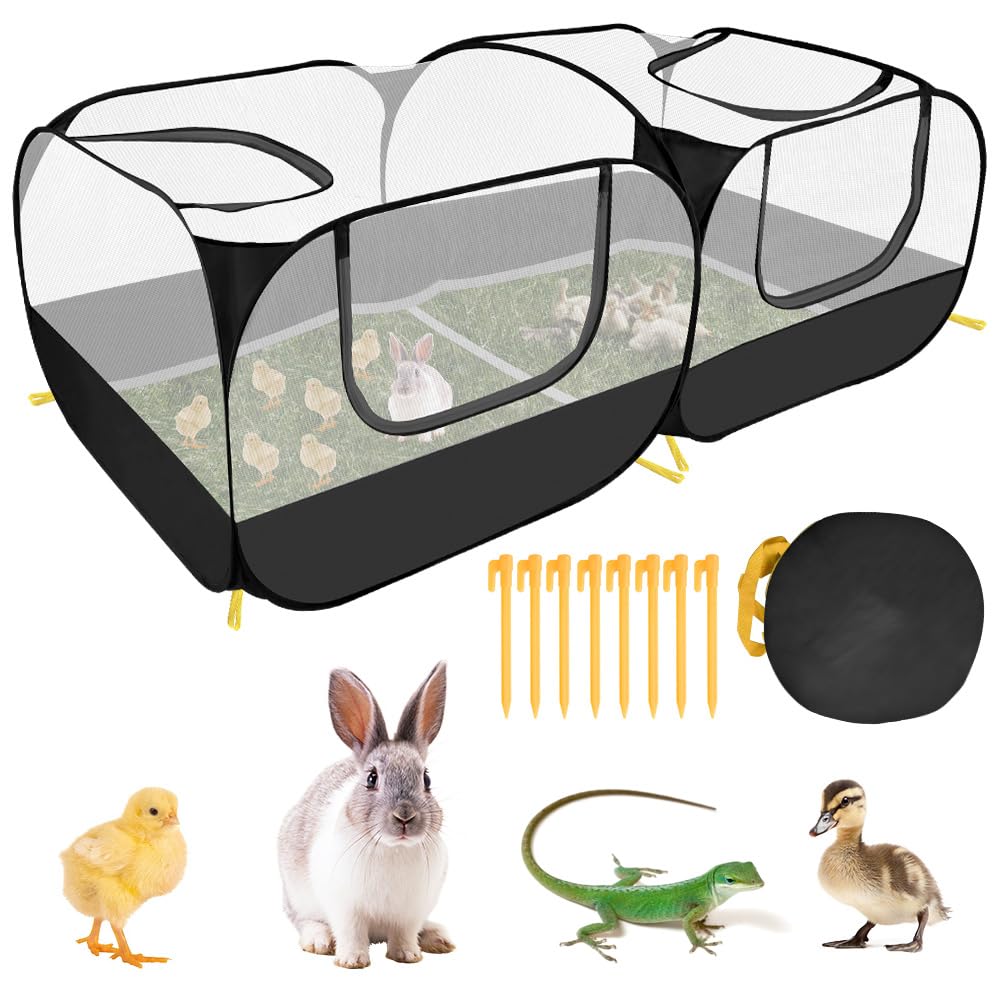 SlowTon Small Animals Playpen, Portable Large Chicken Run Coop with Breathable Transparent Mesh Walls Foldable Pet Cage Tent with 4 Zipper Doors for Puppy Rabbits Outdoor Yard (No Bottom)