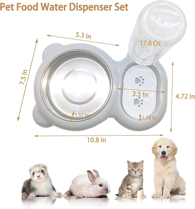 Tfwadmx Pet Double Dishes Rabbit Food Water Dispenser Set Cat Self Filling Bowls No Spill Dog Automatic Waterer Bottle Anti Gravity Feeder Cute Detachable Stainless Steel Bowl for Kitten Puppy Bunny