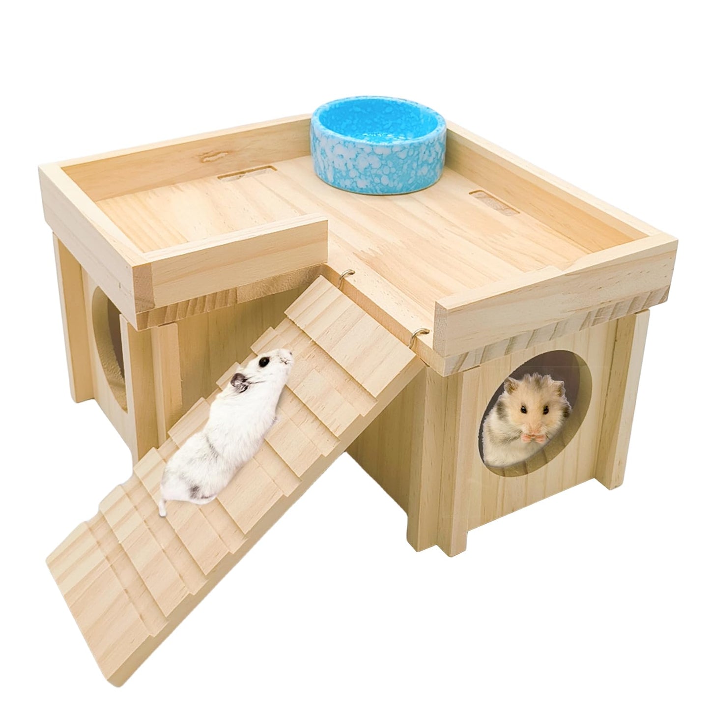 Wooden Hamster Hideout Hamster Wood House with Ladder Hides Platform Decor Detachable Small Animals Cage Accessories for Rat Gerbils and Other Small Pets