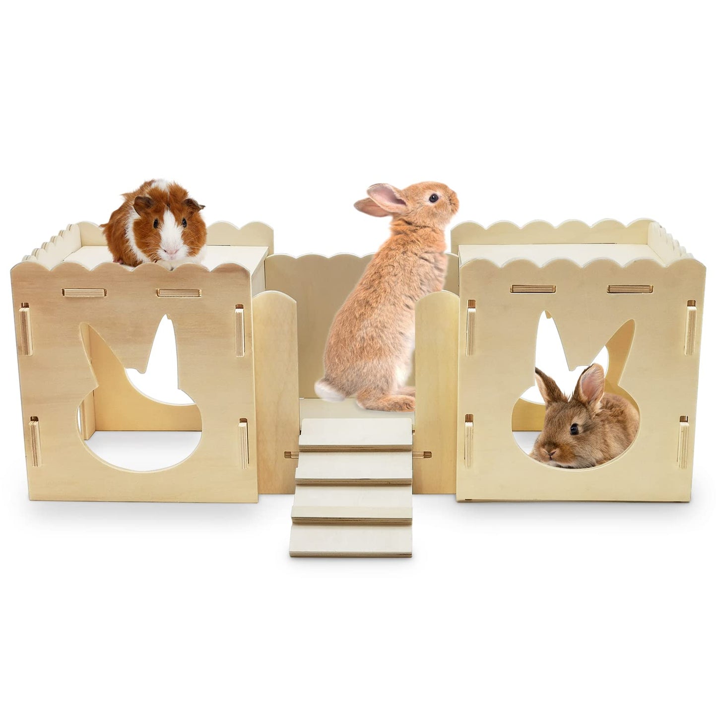 Fhiny Wooden Rabbit Castle, Small Animals Large Tunnel with Bridge Detachable Bunny Fort Hideout Rest and Playhouse with Windows for Rabbits Guinea Pigs Chinchilas Kittens