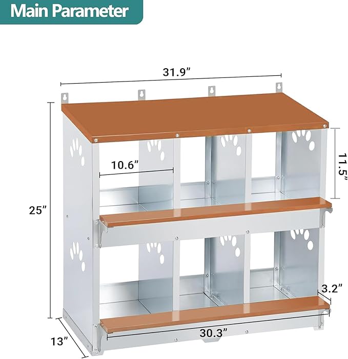 6 Compartment Chicken Nesting Box, Metal Nesting Boxes for Chicken, Indoor & Outdoor Use, Wall Mountable Laying Boxes for Hens, 31.9" L x 13" W x 25" H, Orange