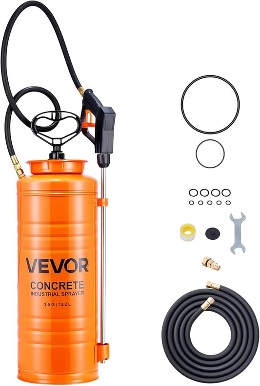 VEVOR Industrial Concrete Sprayer, 3.5 Gallon Stainless Steel Sprayer, Heavy Duty Tri-Poxy Pump Sprayers, 20.5"Wand with Ergonomic Gun Handle, 48"& 120"Hose, 2 Brass Nozzles for Construction, Garden