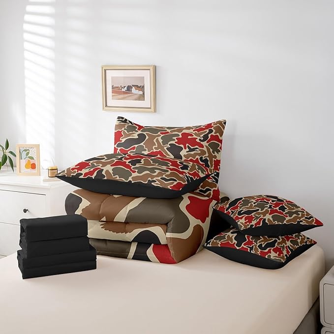 Feelyou Duck Hunter Red Camouflage Hunting 7 Pieces Bedding Set, Twin Size Black Brown All Season,Bed in a Bag with Comforter, Sheets, Pillowcases for Boys Camo Army Bed Set Breathable Wild Room Decor