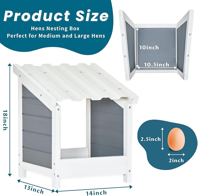 PETSFIT Nesting Boxes for Chicken Coop, Wood Single Compartment Chicken Nesting Boxes for Laying Eggs with PVC Roof for Hens, Ducks, and Poultry