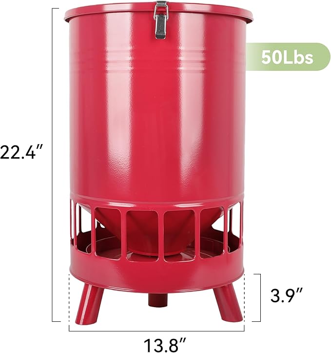 Solution4Patio 50LB No-Waste Chicken Feeder, Large Capacity Gravity Dispenser with Spill Control & 16 Feeding Ports Poultry Feeder for Outdoors & Hen Coop (Red)