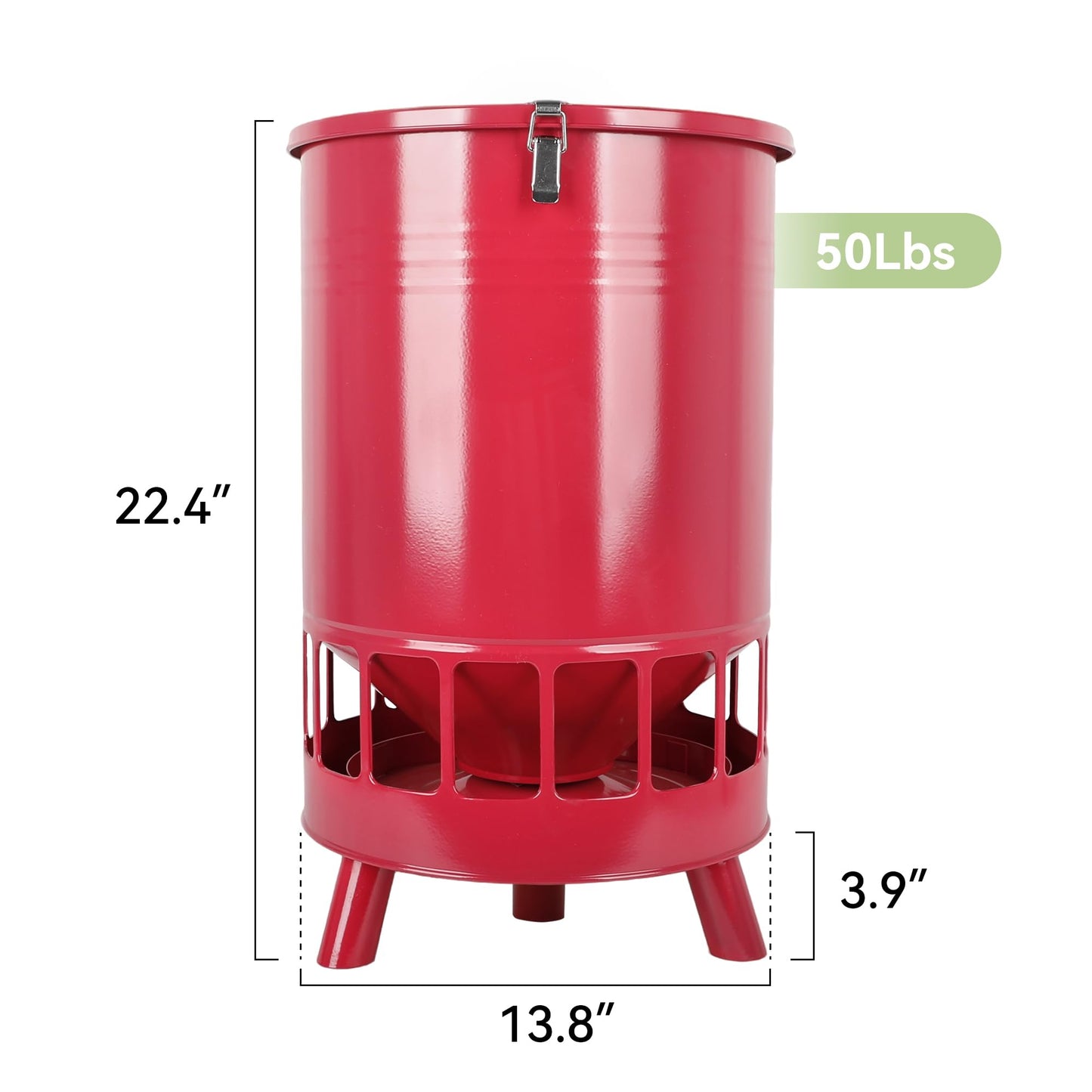 Solution4Patio 50LB No-Waste Chicken Feeder, Large Capacity Gravity Dispenser with Spill Control & 16 Feeding Ports Poultry Feeder for Outdoors & Hen Coop (Red)