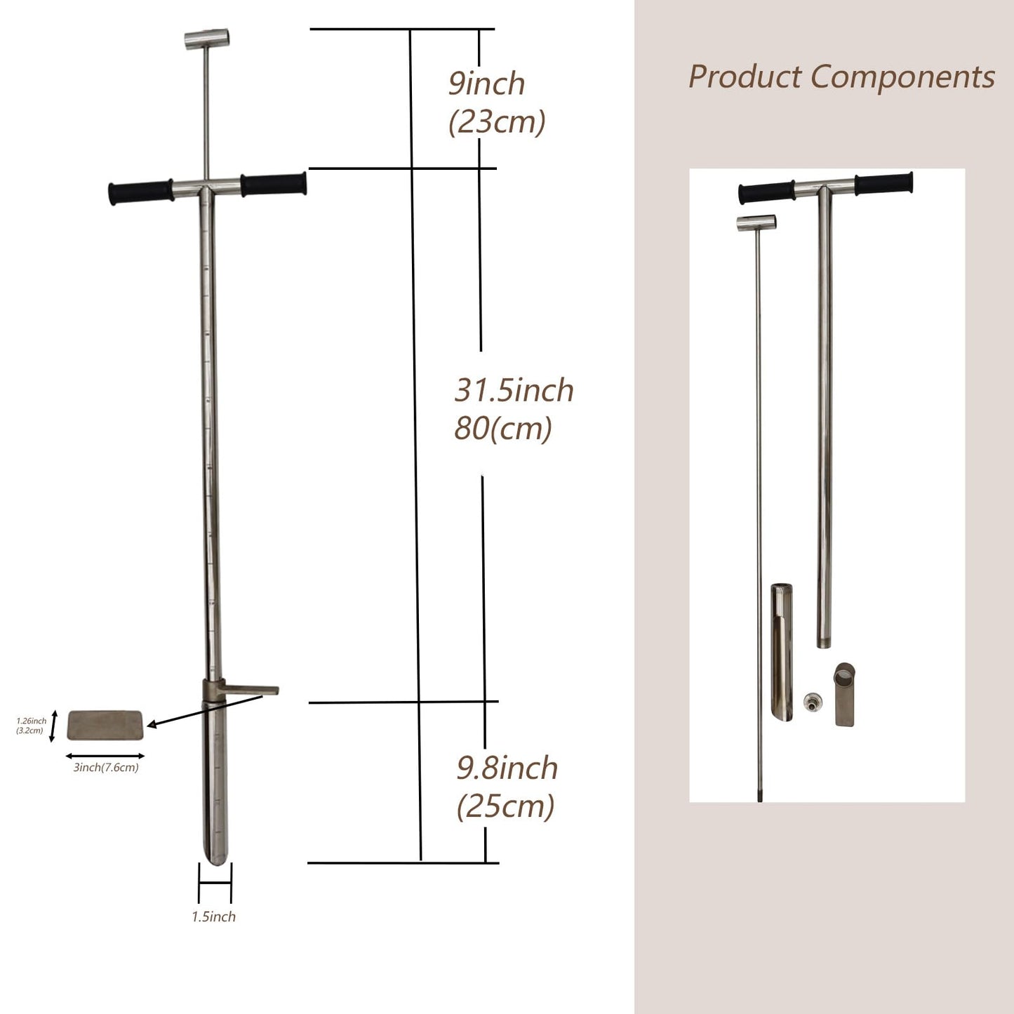 INTBUYING 40’’ Soil Sampler Probe Soil Test Probe with 8’’Sample Ejector and Foot Pedal T Rubber Handle Stainless Steel 1.5inch Dia for Soil Sampling Lawn Garden Farm