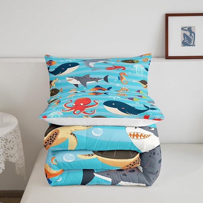 Kids Cartoon Ocean Comforter,Whale Shark Dolphin Comforter Set Full Size,Lovely Under Sea Animal Bedding Set All Seasons,Blue Sea Wave Bedroom Down Duvet,1 Comforter&2 Pillowcase