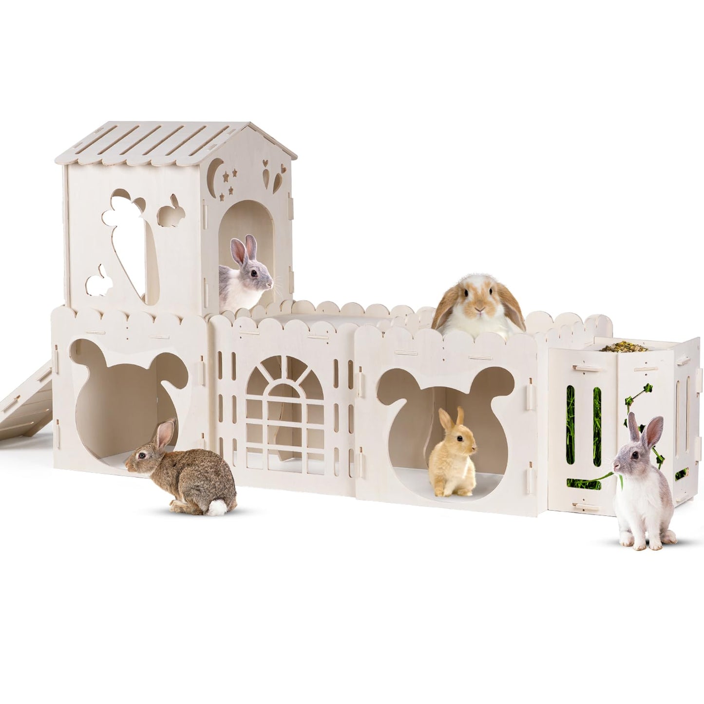 Extra Large Rabbit House, Wooden Bunny House Hideout with 4 Houses and Hay Feeder Indoor, Rabbit Guinea Pig Hideout Multistory Climbing Tower Sturdy Wooden Castle, Small Animal Hideaway Tunnel