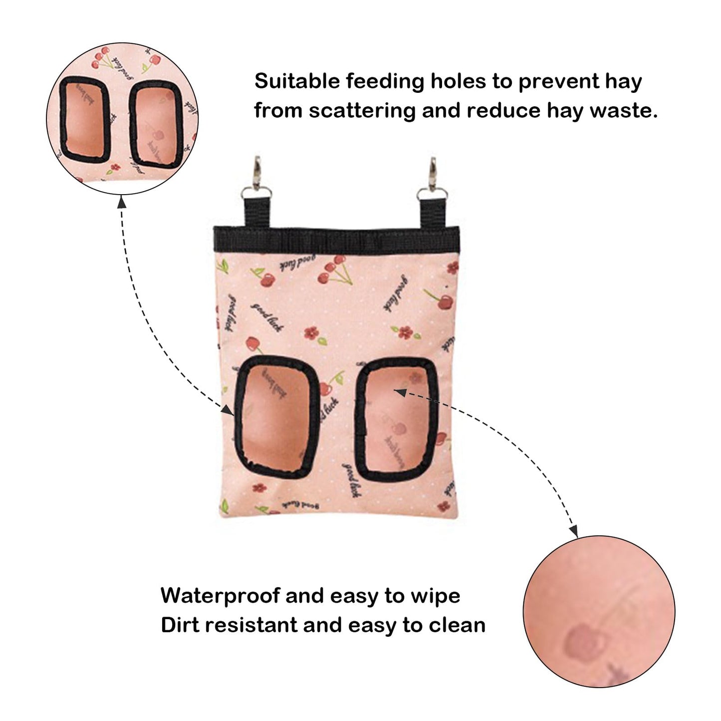 Rabbit Hay Feeder Bag, Large Capacity Rabbit Hay Bag Small Animal Hanging Hay Bag 600D Oxford Cloth Bunny Hay Feeder Bag for Rabbits Guinea Pigs Chinchillas (Pink-2 Holes-2Pcs)