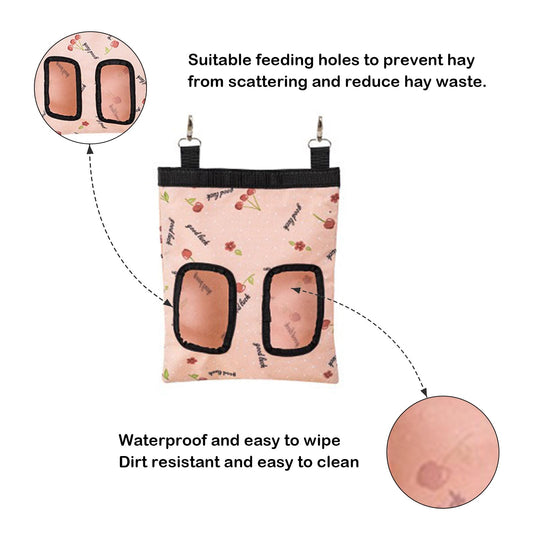 Rabbit Hay Feeder Bag, Large Capacity Rabbit Hay Bag Small Animal Hanging Hay Bag 600D Oxford Cloth Bunny Hay Feeder Bag for Rabbits Guinea Pigs Chinchillas (Pink-2 Holes-2Pcs)