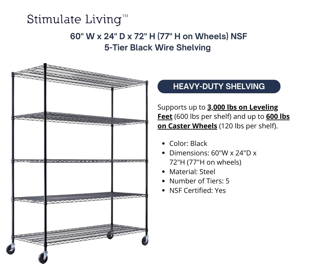 60"x24"x72" PRIME HEAVY DUTY Black 5-Tier Wire Shelving NSF 3000 LBS MAX Capacity Storage Rack for Commercial, School, Home, Garage, Warehouse, Industrial, and Hospital Uses (with Wheels)