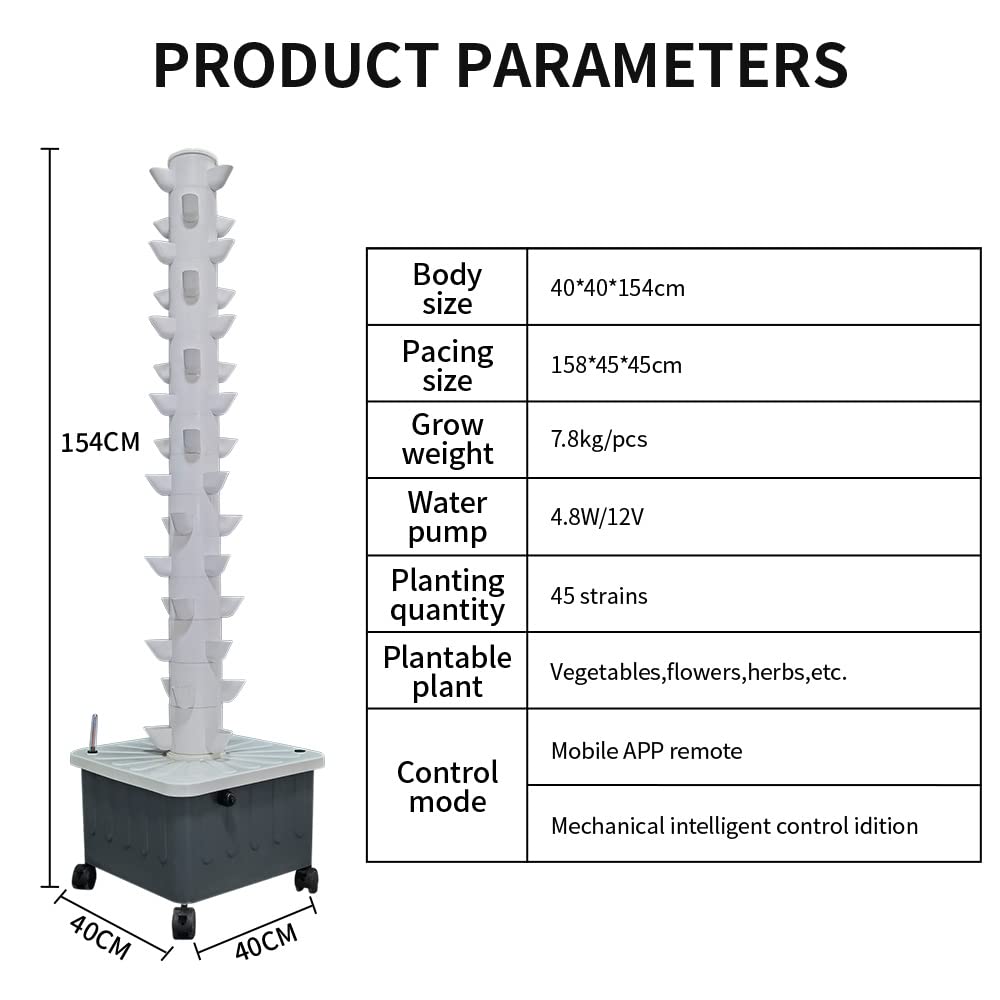 TIRUSS Vertical Hydroponic Grow Tower Aeroponic Tower for Herbs, Fruits and Vegetables 15 Layer 45 Plants Sites with Movable Water Tank Hydrating Pump, Timer, Adapter (45 pots)