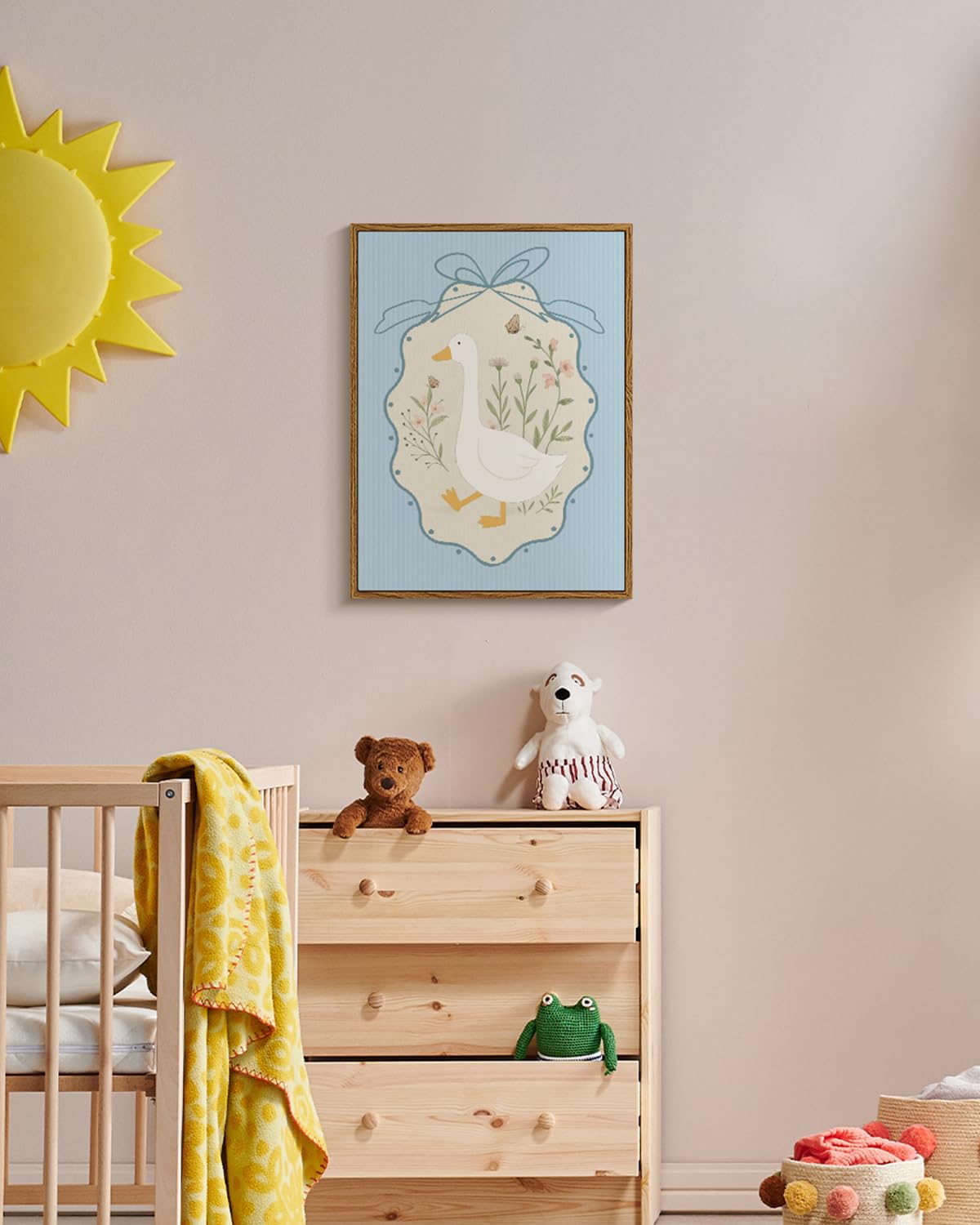 WHASAYART Rustic Goose with Pastel Flowers Cute Bow Wall Art, 12x16 Framed Canvas Print Farmhouse Animal Illustration, Country Style Duck Floral Artwork Nursery Kids Room Bedroom Bathroom Decor