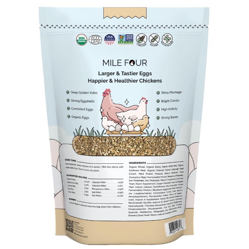 Mile Four Organic Chicken Feed – Starter Chick Mash, Non-GMO, USA Grown, 21% Protein, Corn-Free, Soy-Free, Non-Medicated Chick Feed, 2 lb Sample