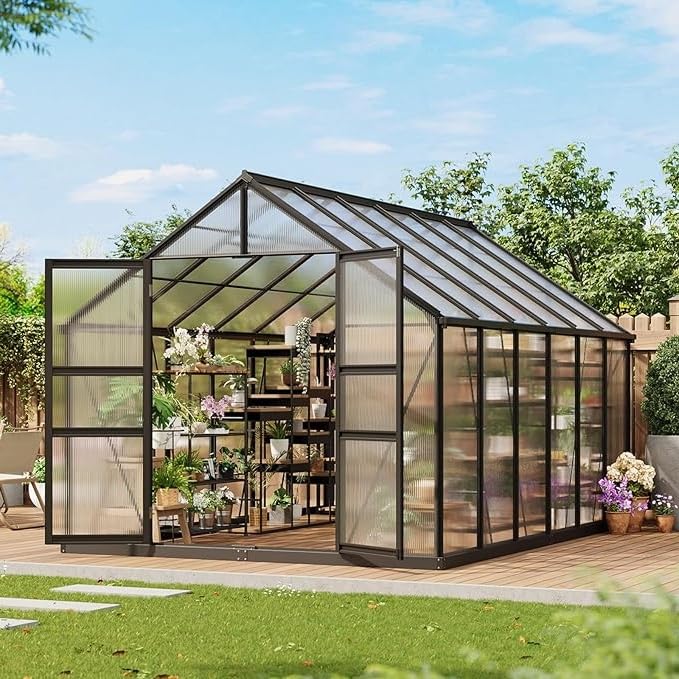 Garvee 12x8 FT Greenhouse, Easy Assembly Polycarbonate Greenhouses for Outdoor with Adjustable Roof Vent, Large Aluminum Walk-in Greenhouse with Lockable Hinged Door for Patio, Backyard, Garden, Black