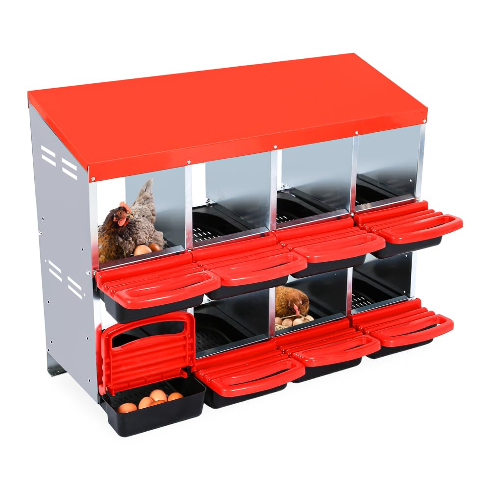 GarveeLife Chicken Nesting Boxes, 8 Hole Nesting Boxes for Chickens, Chicken Laying Box with Leg and Lid Cover, for Chicken Coop to Protect Eggs, Red